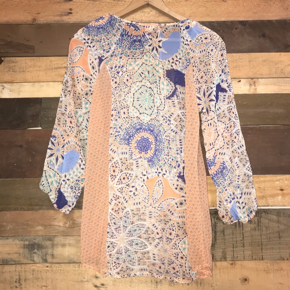 Anthro Meadow Rue Crochet Lace Sheer Geometric Print Peasant Blouse Tunic Top - Picture 4 of 8